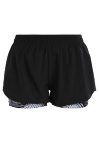 Shorts de sport noirs à double couche avec taille élastique, panneaux latéraux en mesh et couche intérieure à motif feuilles noir et blanc.