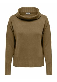 Pull en coton marron avec un col en cowl large et côtelé, des épaules tombantes, ainsi que des poignets et un ourlet côtelés. Texture douce, coupe décontractée.