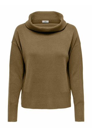 Brązowy sweter z bawełny z szerokim, prążkowanym kołnierzem typu cowl, opadającymi ramionami oraz prążkowanymi mankietami i dołem. Miękka tekstura, luźny krój.