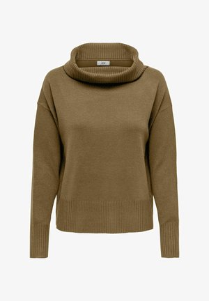 Brązowy sweter z bawełny z szerokim, prążkowanym kołnierzem typu cowl, opadającymi ramionami oraz prążkowanymi mankietami i dołem. Miękka tekstura, luźny krój.