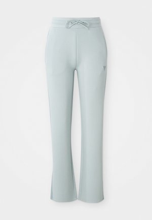 Pantalons de sport bleu clair avec une taille élastique à cordon de serrage, poches latérales et bas des jambes évasés. Tissu lisse avec peu de détails de design.