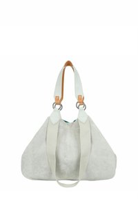 Borsa a mano in suede grigio con una texture liscia, dotata di ampie cinghie in tessuto e dettagli in pelle. Forma arrotondata con apertura superiore.