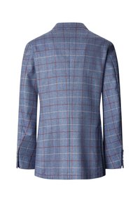 Modrý vlněný blejzr so vzorom červených a bielych okienok, dlhé rukávy a poťah vzadu, zobrazený zozadu.