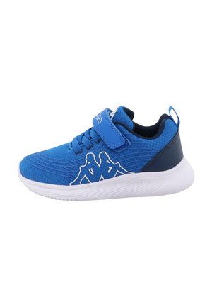 Scarpa sportiva blu con tomaia testurizzata, suola bianca e fascia in Velcro. Presenta un logo bianco e un tallone rinforzato.
