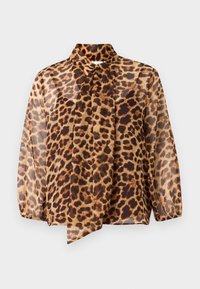 Blouse transparente à imprimé léopard avec un col haut, des manches longues et un nœud au col. Les couleurs incluent le marron, le beige et le noir.