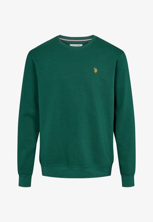 Žalias medvilninis megztinis su raukšlėmis ant rankovių ir apačios, su mažuoju auksiniu logotipu ant krūtinės ir apvalia kaklo iškirpte. Tekstūruotas paviršius.