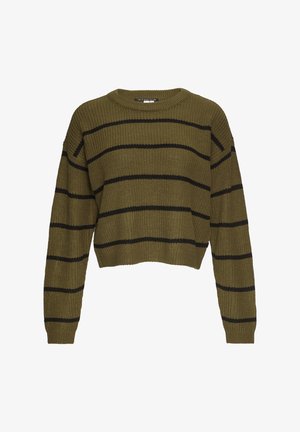 Pull tricoté en vert olive avec des rayures horizontales noires. Il a un col rond et un design court avec des manches larges.