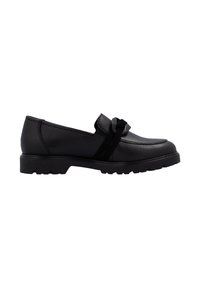 Mocassin en cuir noir avec semelle épaisse et une bande décorative en nœud noir à l'avant, présenté en profil sur fond blanc.