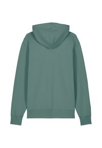 Hoodie in gedämpftem Grün, mit lockerem Schnitt, langen Ärmeln und einer weichen Textur. Keine vorderen Verzierungen sichtbar.