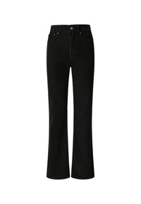 Pantalon en velours côtelé noir taille haute avec bouton à l'avant, fermeture éclair et design cinq poches, coupe droite.