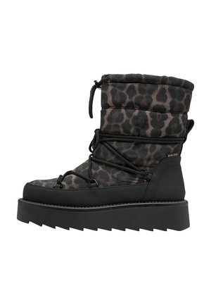 Schwarze und graue Leopardenmuster-Stiefel mit gepolstertem Obermaterial, Kordelzugverschluss, runder Spitze und dickem Plateausohle.