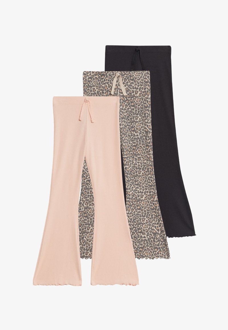 Trois paires de pantalons évasés : une en rose clair, une avec un imprimé léopard et une en noir. Tissu doux avec taille à cordon de serrage et ourlet festonné.