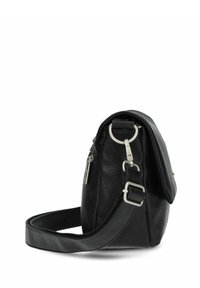 Schwarze Lederhandtasche mit strukturierter Oberfläche, Reißverschluss, verstellbarem Riemen und silbernen Hardware-Akzenten. Runde Form mit einem minimalistischen Design.