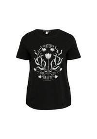 T-shirt noir à manches courtes avec un graphisme floral blanc, comportant le texte "Reconnaissant pour la beauté qui m'entoure" dans une police élégante.