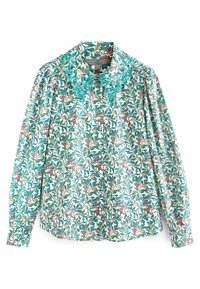 Blouse florale en teal avec un col comportant des détails turquoise intricats. Fabriquée en tissu léger, elle dispose de manches froncées et d'une fermeture à boutons.