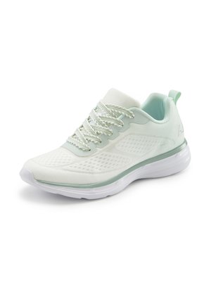 White and light green breathable athletic shoe with textured upper, thick cushioned sole, and braided laces on a plain white background.