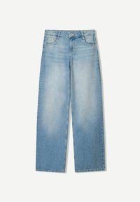 Vaaleansiniset leveälahkeiset farkut deniminäyttöstä. Niissä on korkeavyötärö, perinteinen viiden taskun malli ja yksinkertainen nappisuljenta.