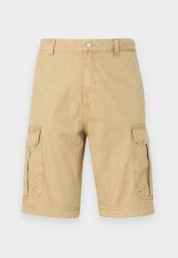 Pantaloni cargo beige con taglio dritto, due tasche laterali e chiusura con bottone. Realizzati in tessuto leggero con dettagli di cucitura visibili.