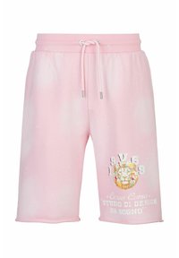 Roze katoenen shorts met elastische tailleband, trekkoord en bedrukt leeuwgraphic. Bevat spetterpatroon en zichtbare stiksels aan de zoom.