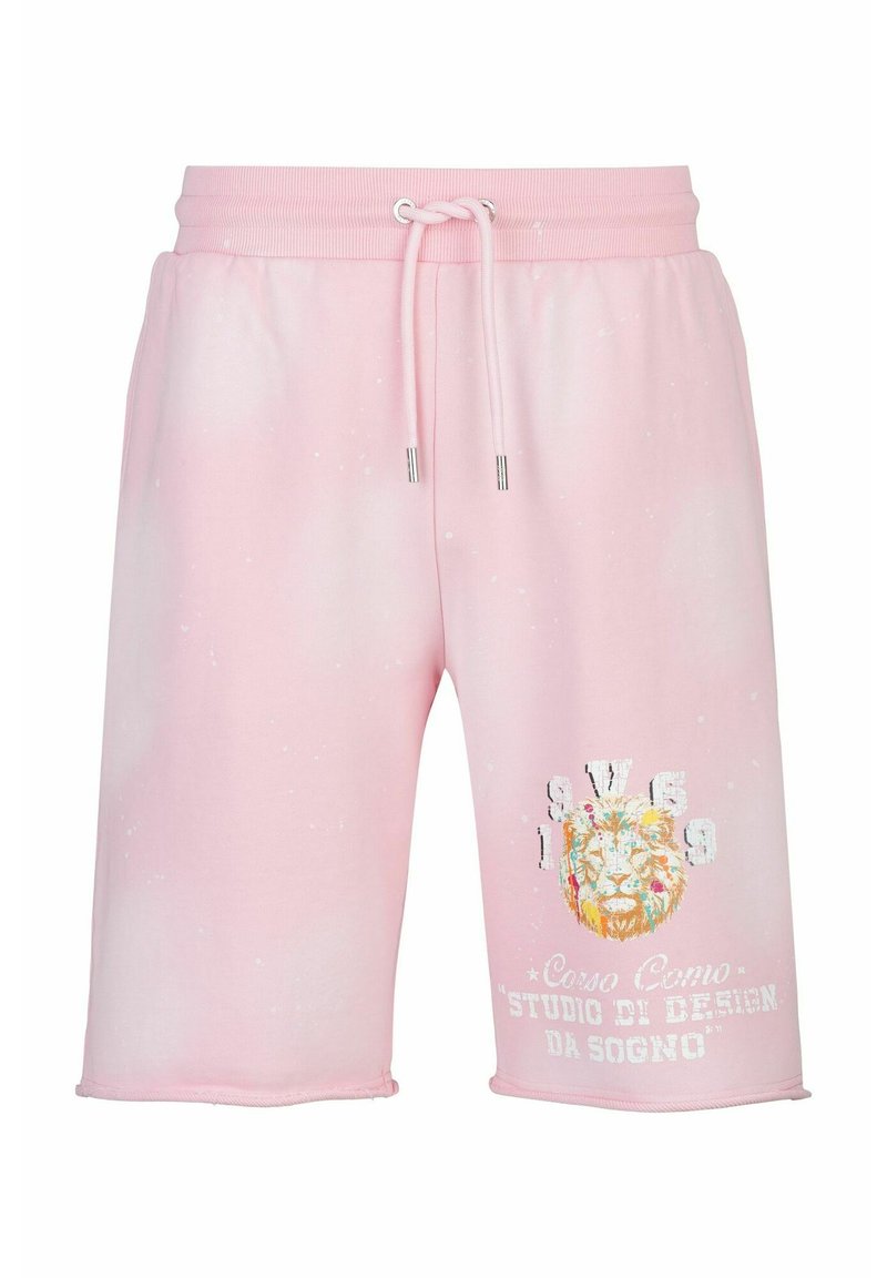 Roze katoenen shorts met elastische tailleband, trekkoord en bedrukt leeuwgraphic. Bevat spetterpatroon en zichtbare stiksels aan de zoom.