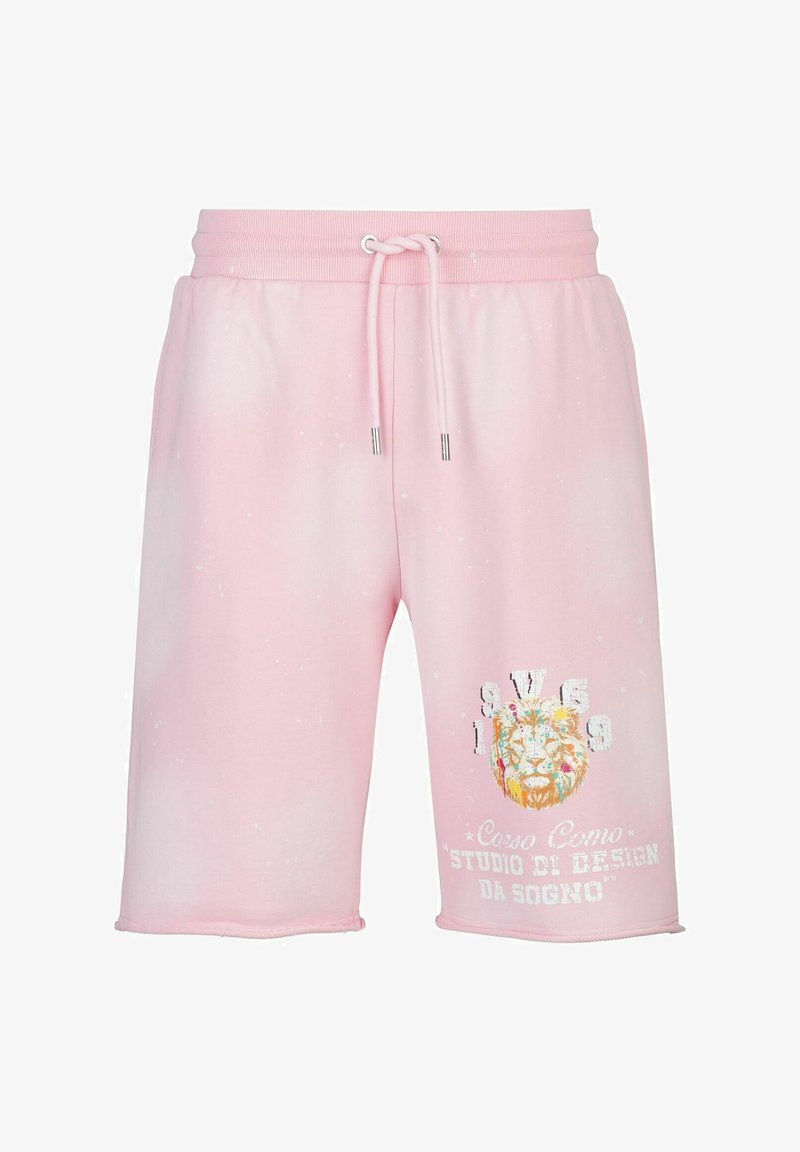 Roze katoenen shorts met elastische tailleband, trekkoord en bedrukt leeuwgraphic. Bevat spetterpatroon en zichtbare stiksels aan de zoom.
