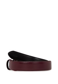 Curea din piele bordeaux cu un finisaj neted, prezentând un design elegant și un inel metalic pentru închidere. Lățime de 3 cm. Căptușeală interioară neagră.