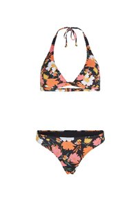 Set bikini floreale con sfondo nero e fiori arancioni, rosa e gialli. Il top ha un collo all'americana e un design incrociato.