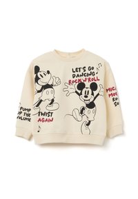 Sudadera crema con ilustraciones de Mickey Mouse bailando y frases de texto como "Vamos a bailar", "Rock’n’Roll" y "Gira otra vez".