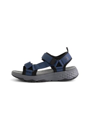 Blue and black adjustable strap sandal with thick textured gray sole designed for outdoor or casual wear.