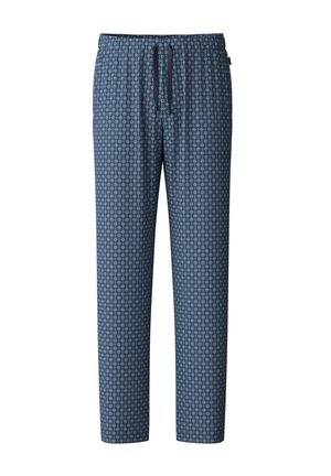 Marineblauwe broek met een geometrisch wit patroon, elastische tailleband met trekkoord, lichtgewicht stof, rechte pijpen en geen zijzakken.