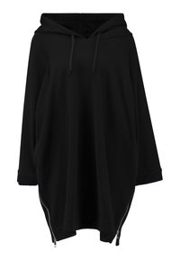 Černá oversized mikina vyrobená z měkkého materiálu, s kapucí na šňůrku, žebrovanými manžetami a bočními zipy pro zvýraznění detailů.