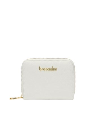 Portafoglio in pelle bianco con zip su tutto il perimetro, cursore della zip dorato e logo "braccialini" dorato sul davanti.