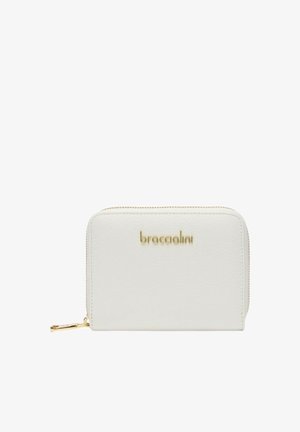 Portafoglio in pelle bianco con zip su tutto il perimetro, cursore della zip dorato e logo "braccialini" dorato sul davanti.