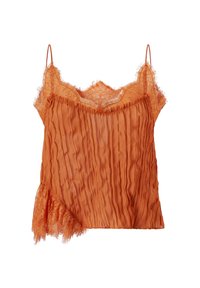 Narančasta kamizola s teksturom i čipkastim akcentima, koja ima valoviti naborani dizajn i podesive trakice. Detaljna čipkasta bordura na rubu.