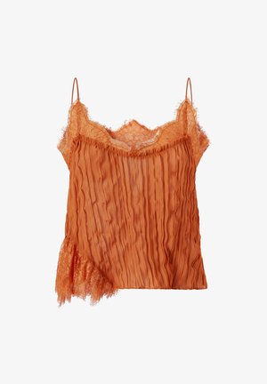 Narančasta kamizola s teksturom i čipkastim akcentima, koja ima valoviti naborani dizajn i podesive trakice. Detaljna čipkasta bordura na rubu.
