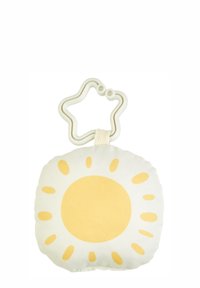Soft plush sun toy with a yellow circular center, white background, and star-shaped plastic handle. Features light stitching and subtle texture.