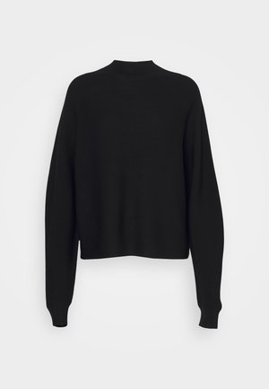 Suéter preto de malha com gola alta, ombros caídos e mangas longas e largas. Textura suave e comprimento cropped na cintura.