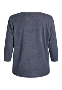 Dark blue, long-sleeve top with a rounded neckline and relaxed fit. Soft, textured material with slight heather pattern. Back view displayed.