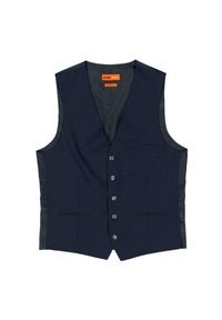 Marineblaues, schmal geschnittenes Damenweste mit V-Ausschnitt, fünf Knöpfen, zwei Fronttaschen und glatten Seitenpaneelen. Strukturierter Stoff mit edlem Finish.