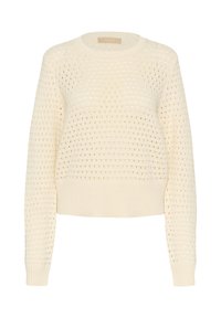 Pull en tricot couleur crème avec un motif texturé de tissage ouvert, manches longues et encolure ronde. Hem et poignets côtelés.