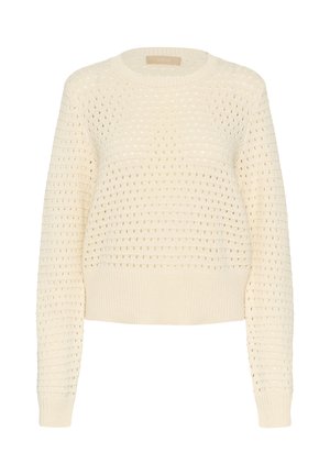 Pulover tricotat de culoare crem, cu un model texturat de țesătură deschisă, mâneci lungi și decolteu rotund. Cureaua și manșetele cu dantelă.