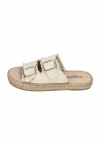 Canvas slide sandal with two buckled straps, off-white color, frayed edges, and a braided jute sole. Smooth inner lining.