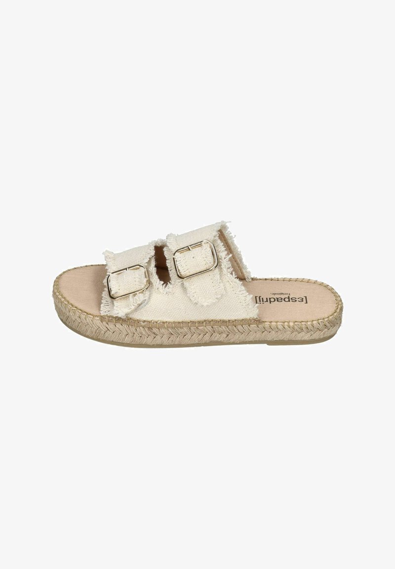 Canvas slide sandal with two buckled straps, off-white color, frayed edges, and a braided jute sole. Smooth inner lining.