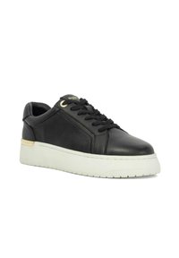 Black leather sneaker with a round toe, white thick sole, embossed detailing, and gold accent near the heel and lace eyelets.
