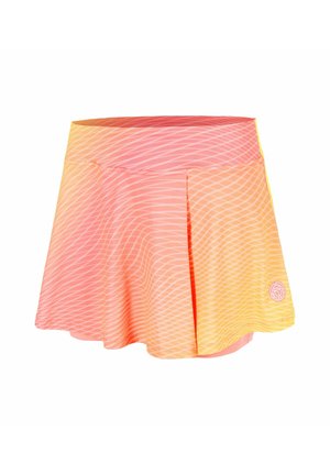 Kurzer Faltenrock mit integrierten Shorts, Farbverlauf von Pink zu Gelb mit weißen Wellenmustern und kleinem rundem Logo nahe dem Saum.