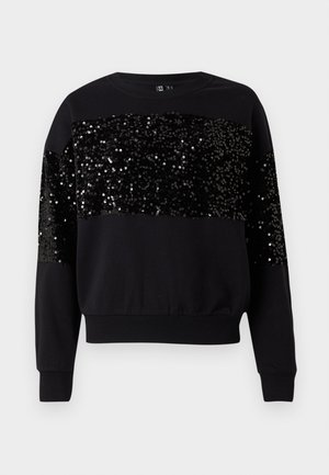 Sweat-shirt noir avec un panneau en sequins sur le devant. Il a des manches longues, un col rond et un ourlet côtelé. Texture de tissu doux.