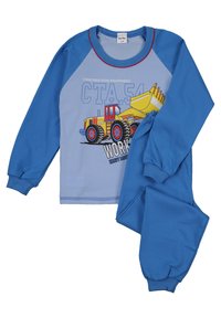 Niebieski zestaw piżamowy z jasnoniebieską górą z czerwonymi akcentami oraz grafiką pojazdu budowlanego, w zestawie z jednolitymi niebieskimi spodniami. Gładka tekstura.