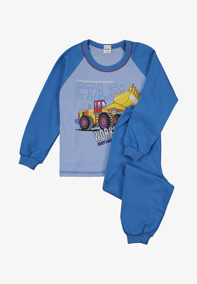 Niebieski zestaw piżamowy z jasnoniebieską górą z czerwonymi akcentami oraz grafiką pojazdu budowlanego, w zestawie z jednolitymi niebieskimi spodniami. Gładka tekstura.