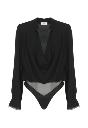 Body a maniche lunghe nero con scollatura profonda a V drappeggiata, colletto e pannello in mesh semi-trasparente nella parte inferiore del torso.