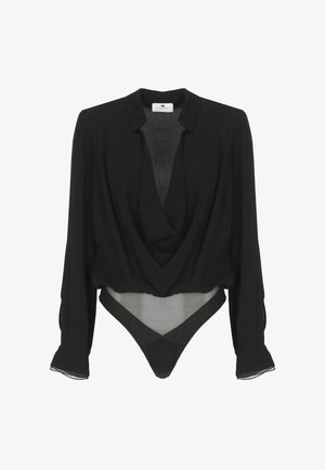 Body a maniche lunghe nero con scollatura profonda a V drappeggiata, colletto e pannello in mesh semi-trasparente nella parte inferiore del torso.